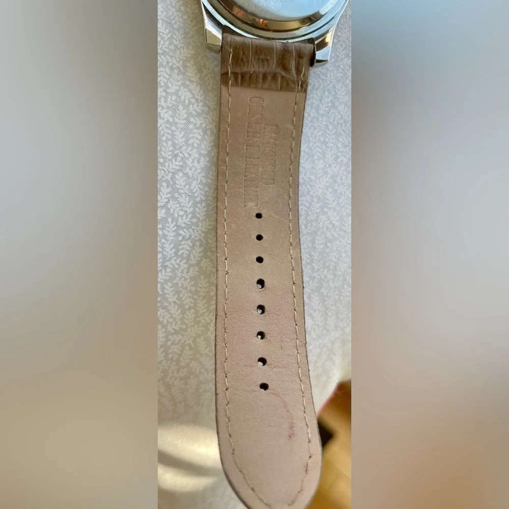Chico's Running Tan Leather Strap Watch with Rhinestones Silver White Gold 9